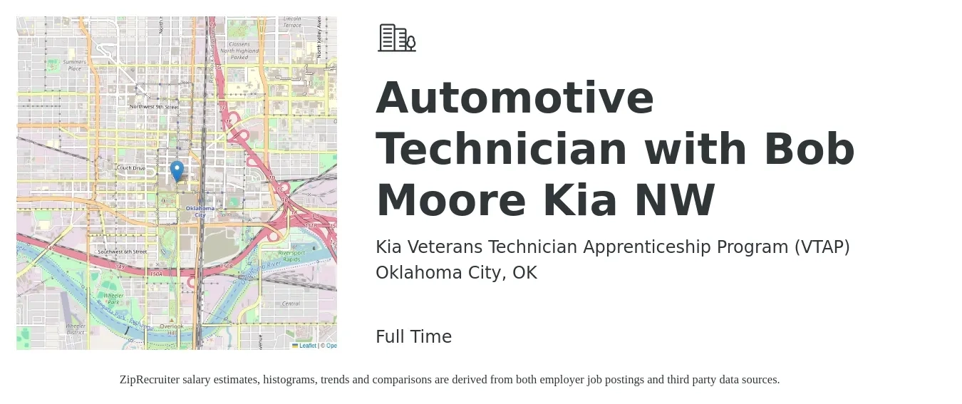 Kia Veterans Technician Apprenticeship Program (VTAP) job posting for a Automotive Technician with Bob Moore Kia NW in Oklahoma City, OK with a salary of $20 to $32 Hourly with a map of Oklahoma City location.