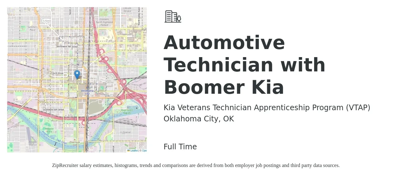 Kia Veterans Technician Apprenticeship Program (VTAP) job posting for a Automotive Technician with Boomer Kia in Oklahoma City, OK with a salary of $20 to $32 Hourly with a map of Oklahoma City location.