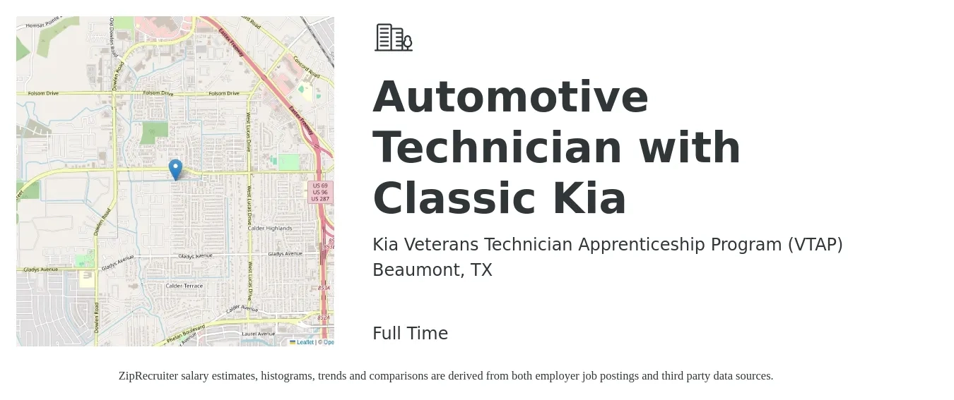 Kia Veterans Technician Apprenticeship Program (VTAP) job posting for a Automotive Technician with Classic Kia in Beaumont, TX with a salary of $21 to $33 Hourly with a map of Beaumont location.