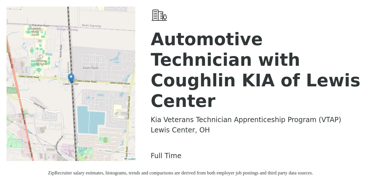 Kia Veterans Technician Apprenticeship Program (VTAP) job posting for a Automotive Technician with Coughlin KIA of Lewis Center in Lewis Center, OH with a salary of $21 to $33 Hourly with a map of Lewis Center location.