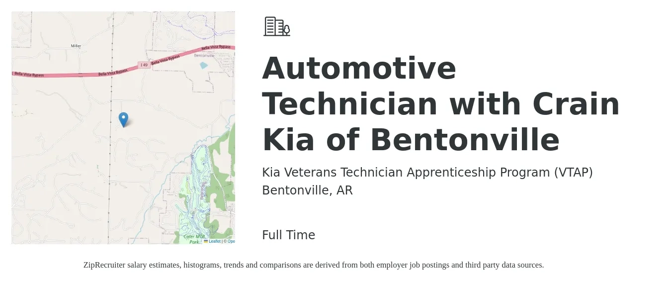 Kia Veterans Technician Apprenticeship Program (VTAP) job posting for a Automotive Technician with Crain Kia of Bentonville in Bentonville, AR with a salary of $18 to $30 Hourly with a map of Bentonville location.