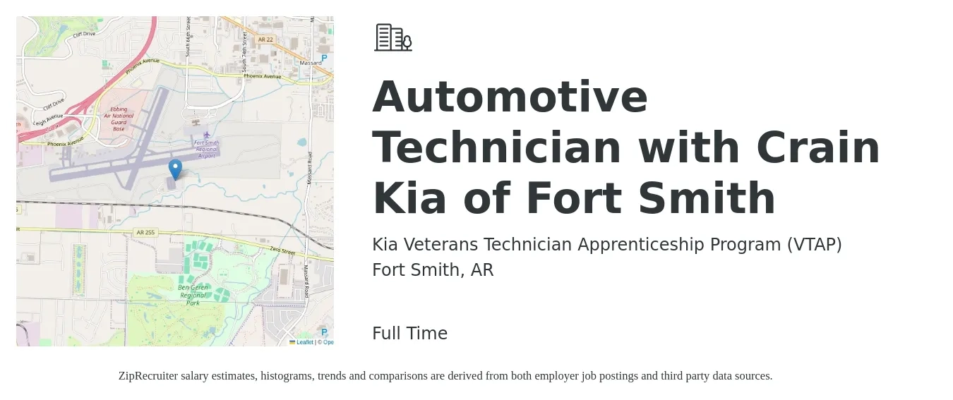 Kia Veterans Technician Apprenticeship Program (VTAP) job posting for a Automotive Technician with Crain Kia of Fort Smith in Fort Smith, AR with a salary of $18 to $28 Hourly with a map of Fort Smith location.