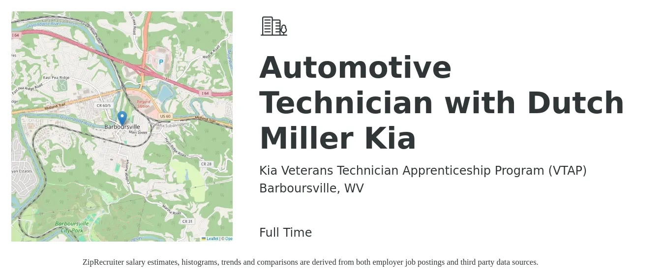 Kia Veterans Technician Apprenticeship Program (VTAP) job posting for a Automotive Technician with Dutch Miller Kia in Barboursville, WV with a salary of $17 to $27 Hourly with a map of Barboursville location.