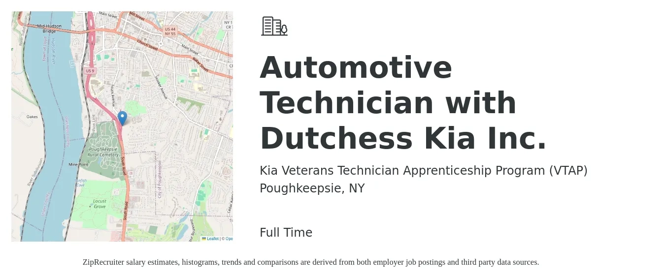 Kia Veterans Technician Apprenticeship Program (VTAP) job posting for a Automotive Technician with Dutchess Kia Inc. in Poughkeepsie, NY with a salary of $22 to $34 Hourly with a map of Poughkeepsie location.