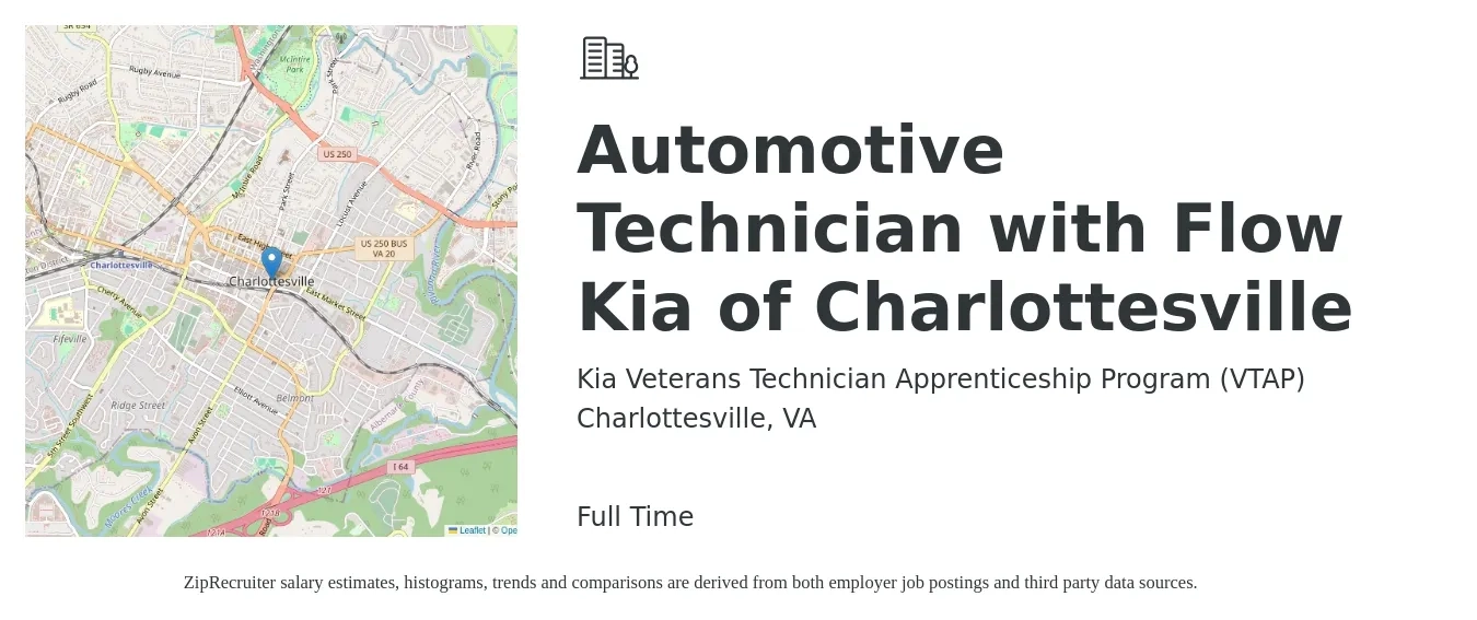 Kia Veterans Technician Apprenticeship Program (VTAP) job posting for a Automotive Technician with Flow Kia of Charlottesville in Charlottesville, VA with a salary of $22 to $34 Hourly with a map of Charlottesville location.
