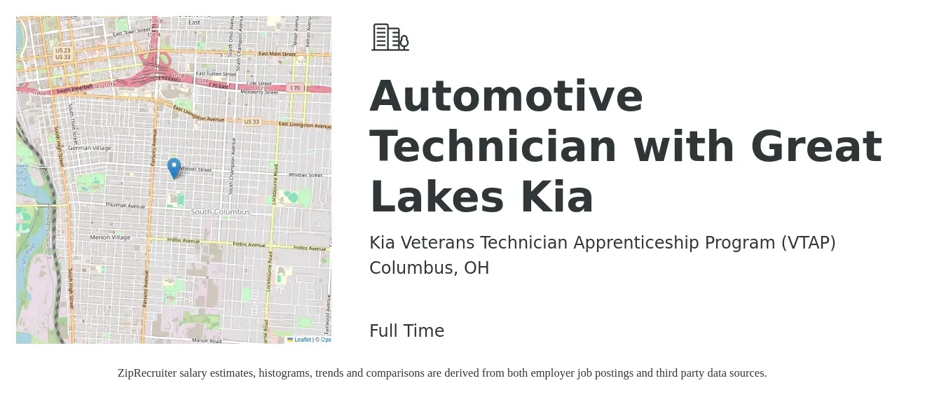 Kia Veterans Technician Apprenticeship Program (VTAP) job posting for a Automotive Technician with Great Lakes Kia in Columbus, OH with a salary of $20 to $32 Hourly with a map of Columbus location.