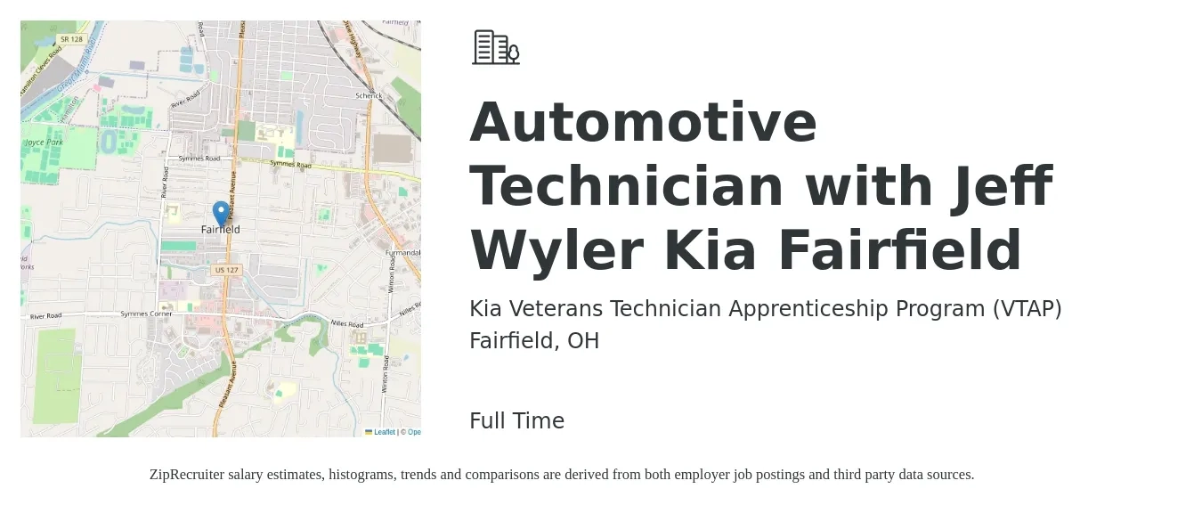 Kia Veterans Technician Apprenticeship Program (VTAP) job posting for a Automotive Technician with Jeff Wyler Kia Fairfield in Fairfield, OH with a salary of $20 to $33 Hourly with a map of Fairfield location.