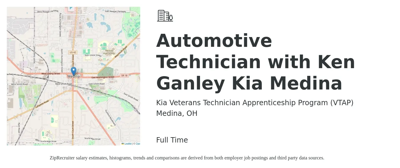 Kia Veterans Technician Apprenticeship Program (VTAP) job posting for a Automotive Technician with Ken Ganley Kia Medina in Medina, OH with a salary of $19 to $31 Hourly with a map of Medina location.