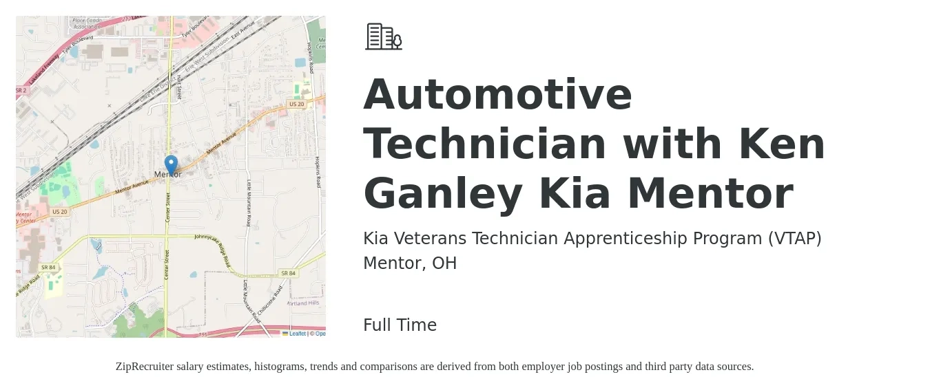 Kia Veterans Technician Apprenticeship Program (VTAP) job posting for a Automotive Technician with Ken Ganley Kia Mentor in Mentor, OH with a salary of $20 to $31 Hourly with a map of Mentor location.