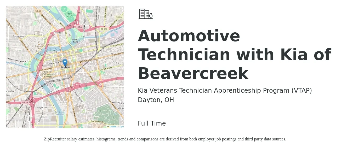 Kia Veterans Technician Apprenticeship Program (VTAP) job posting for a Automotive Technician with Kia of Beavercreek in Dayton, OH with a salary of $20 to $32 Hourly with a map of Dayton location.