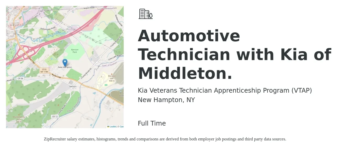 Kia Veterans Technician Apprenticeship Program (VTAP) job posting for a Automotive Technician with Kia of Middleton. in New Hampton, NY with a salary of $22 to $35 Hourly with a map of New Hampton location.