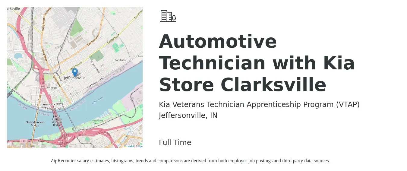 Kia Veterans Technician Apprenticeship Program (VTAP) job posting for a Automotive Technician with Kia Store Clarksville in Jeffersonville, IN with a salary of $21 to $33 Hourly with a map of Jeffersonville location.