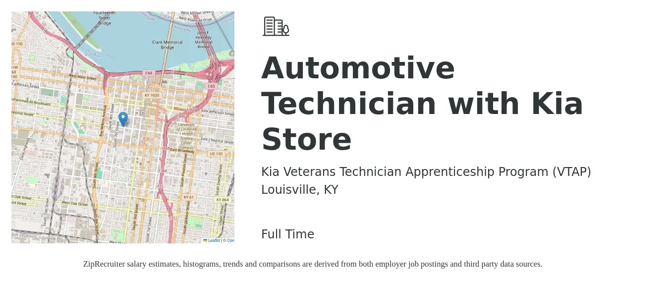 Kia Veterans Technician Apprenticeship Program (VTAP) job posting for a Automotive Technician with Kia Store in Louisville, KY with a salary of $21 to $34 Hourly with a map of Louisville location.