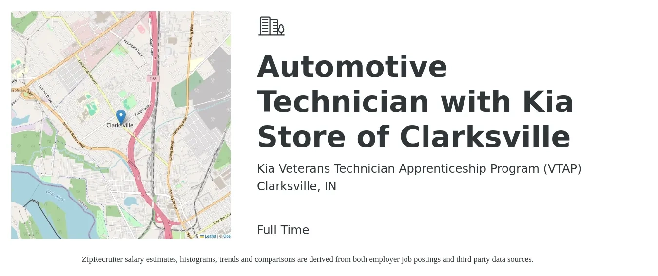 Kia Veterans Technician Apprenticeship Program (VTAP) job posting for a Automotive Technician with Kia Store of Clarksville in Clarksville, IN with a salary of $20 to $31 Hourly with a map of Clarksville location.