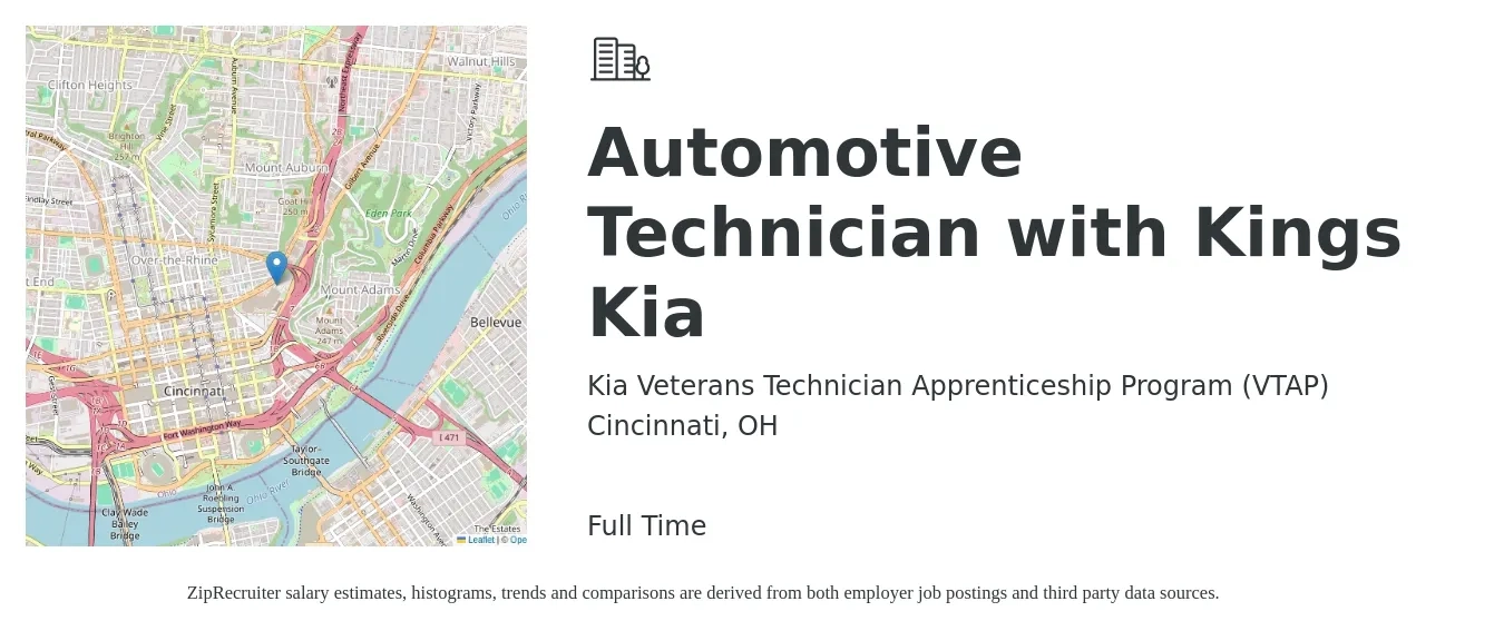 Kia Veterans Technician Apprenticeship Program (VTAP) job posting for a Automotive Technician with Kings Kia in Cincinnati, OH with a salary of $21 to $33 Hourly with a map of Cincinnati location.