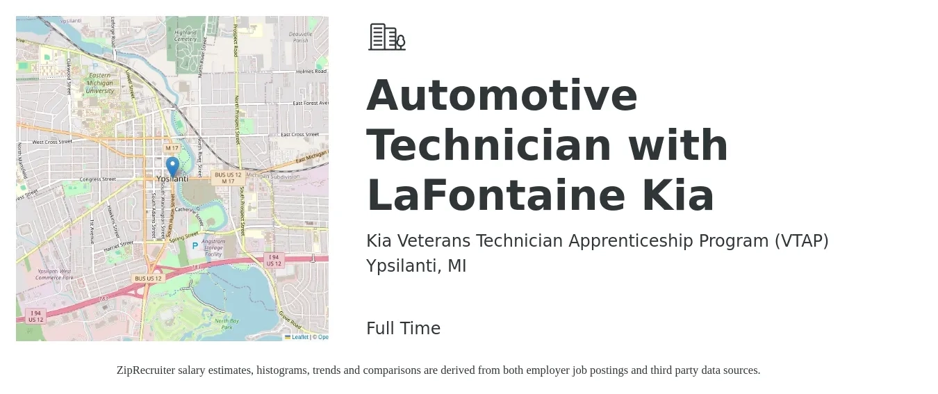 Kia Veterans Technician Apprenticeship Program (VTAP) job posting for a Automotive Technician with LaFontaine Kia in Ypsilanti, MI with a salary of $20 to $32 Hourly with a map of Ypsilanti location.