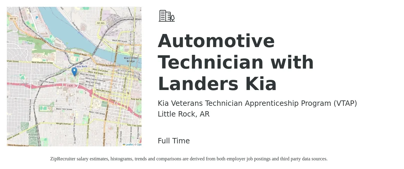 Kia Veterans Technician Apprenticeship Program (VTAP) job posting for a Automotive Technician with Landers Kia in Little Rock, AR with a salary of $18 to $28 Hourly with a map of Little Rock location.