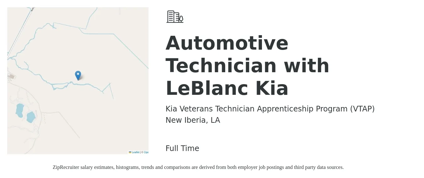 Kia Veterans Technician Apprenticeship Program (VTAP) job posting for a Automotive Technician with LeBlanc Kia in New Iberia, LA with a salary of $17 to $27 Hourly with a map of New Iberia location.
