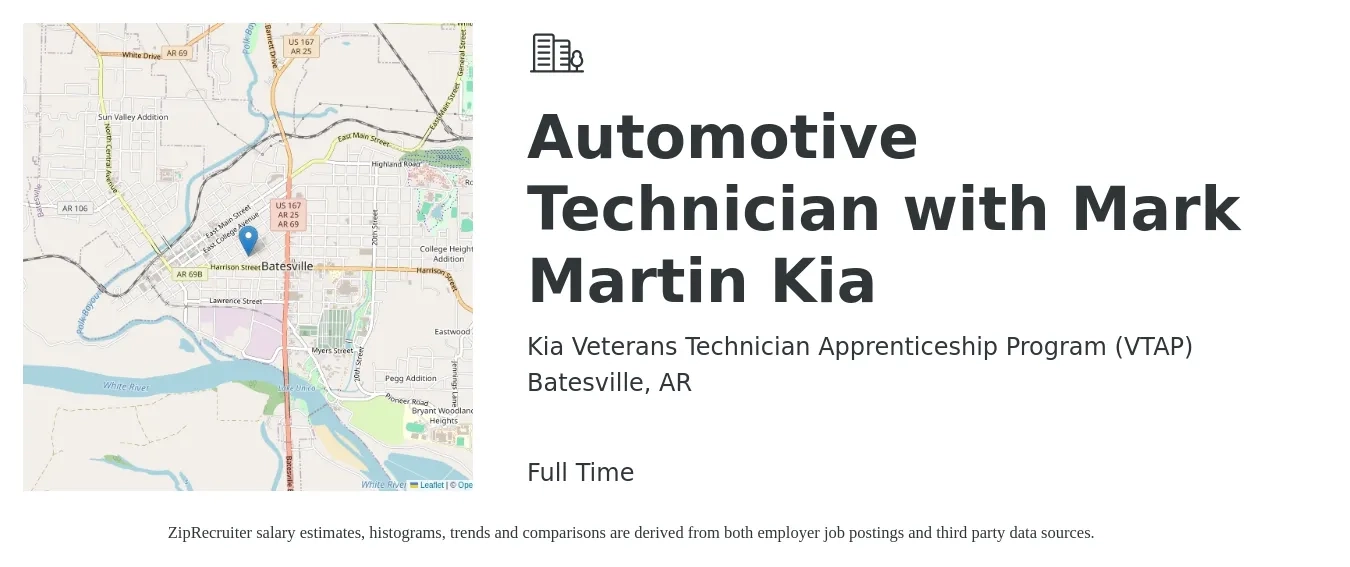 Kia Veterans Technician Apprenticeship Program (VTAP) job posting for a Automotive Technician with Mark Martin Kia in Batesville, AR with a salary of $21 to $34 Hourly with a map of Batesville location.