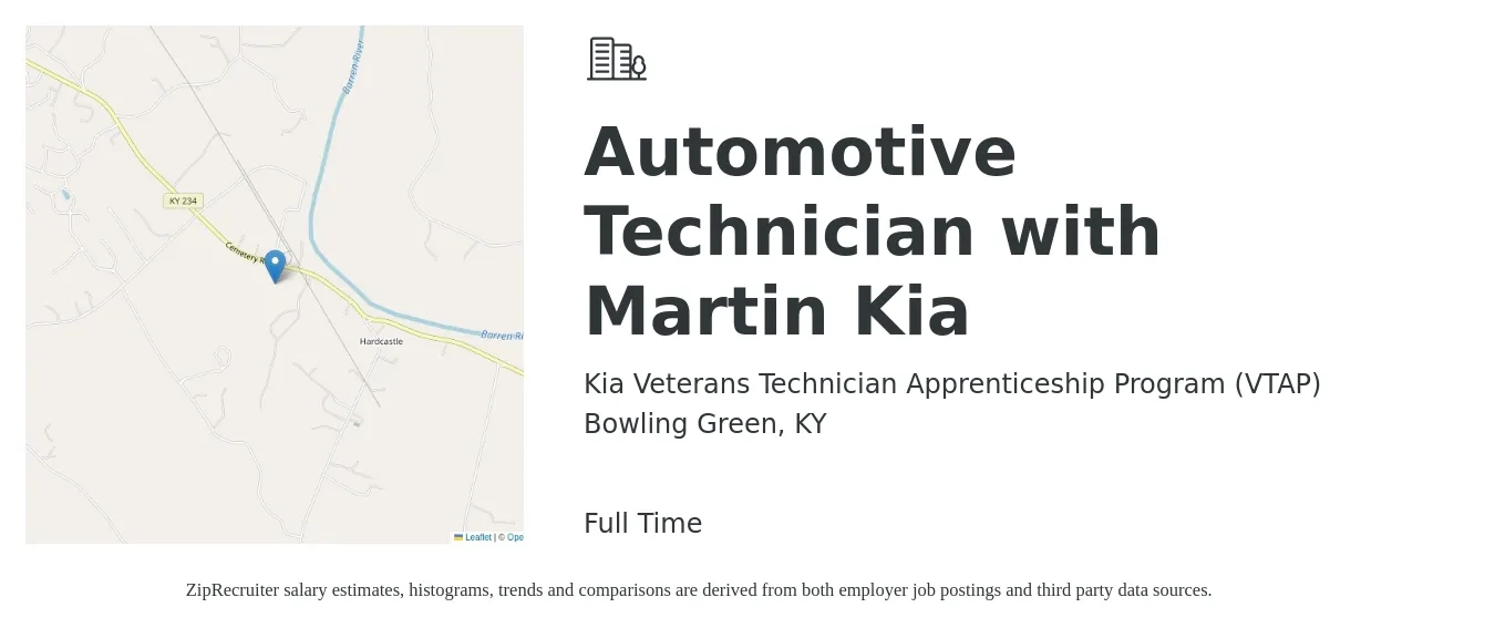 Kia Veterans Technician Apprenticeship Program (VTAP) job posting for a Automotive Technician with Martin Kia in Bowling Green, KY with a salary of $21 to $34 Hourly with a map of Bowling Green location.