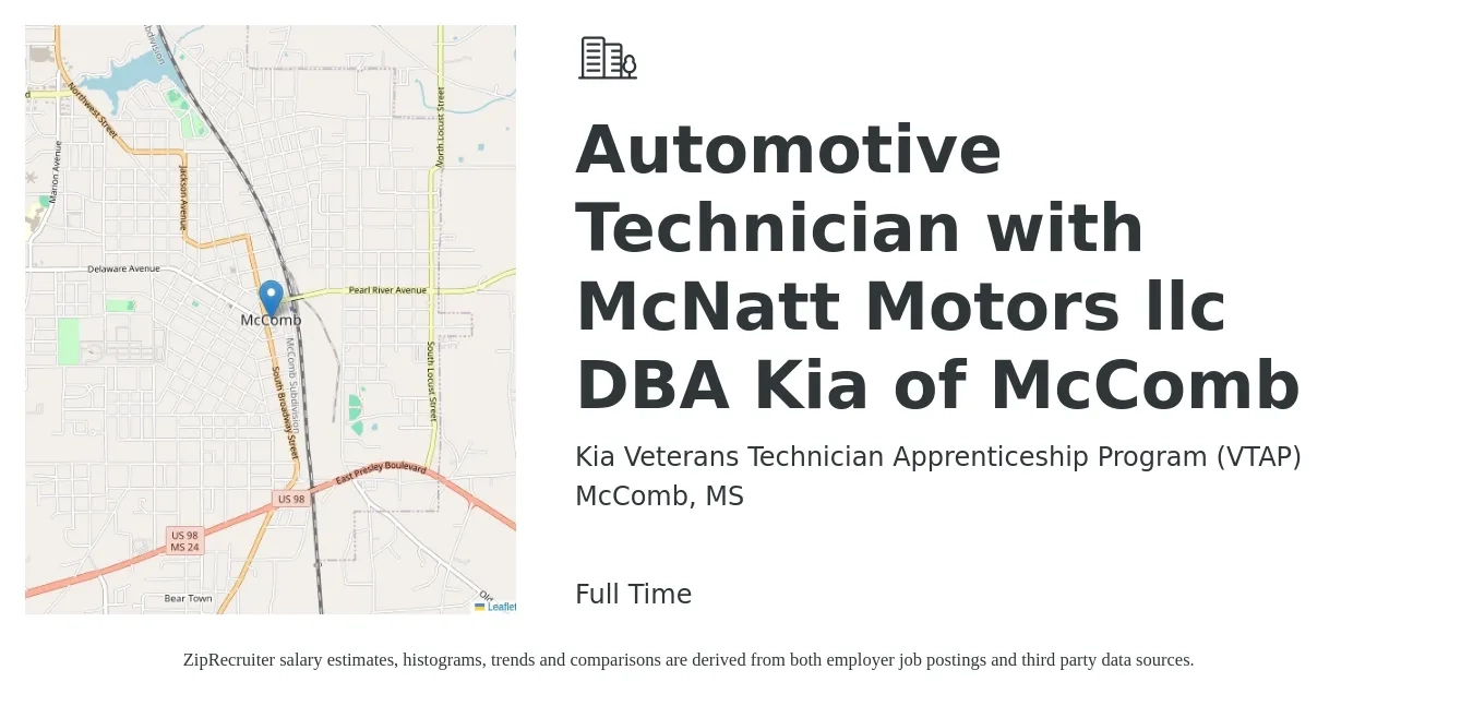 Kia Veterans Technician Apprenticeship Program (VTAP) job posting for a Automotive Technician with McNatt Motors llc DBA Kia of McComb in McComb, MS with a salary of $19 to $30 Hourly with a map of McComb location.