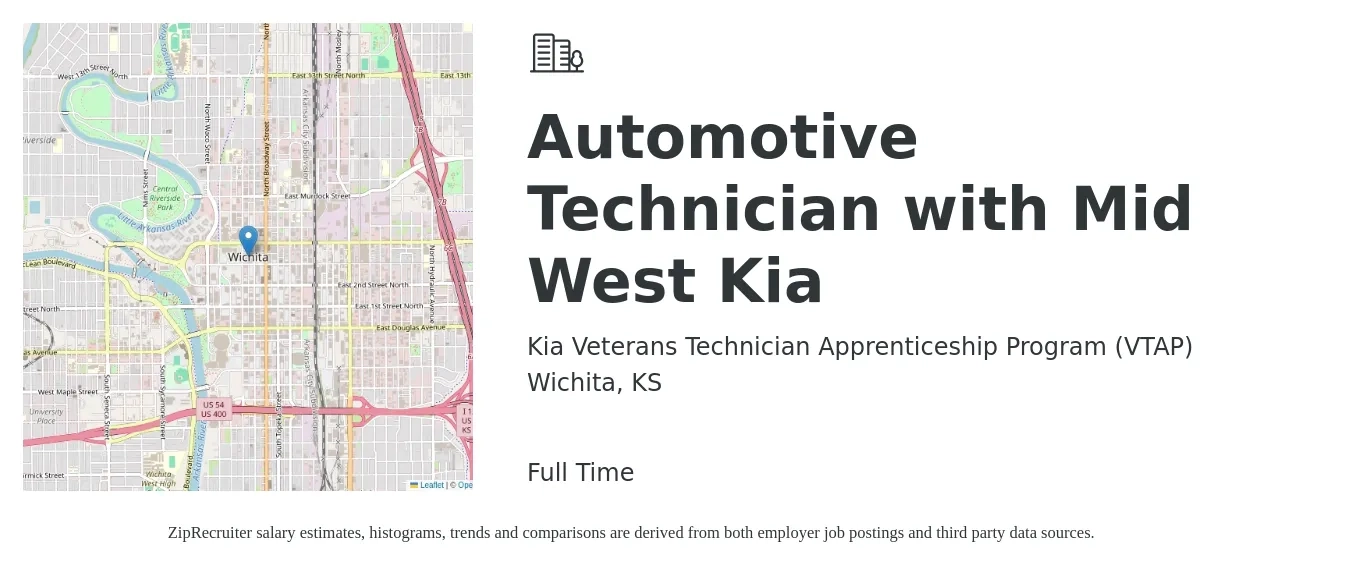 Kia Veterans Technician Apprenticeship Program (VTAP) job posting for a Automotive Technician with Mid West Kia in Wichita, KS with a salary of $16 to $26 Hourly with a map of Wichita location.