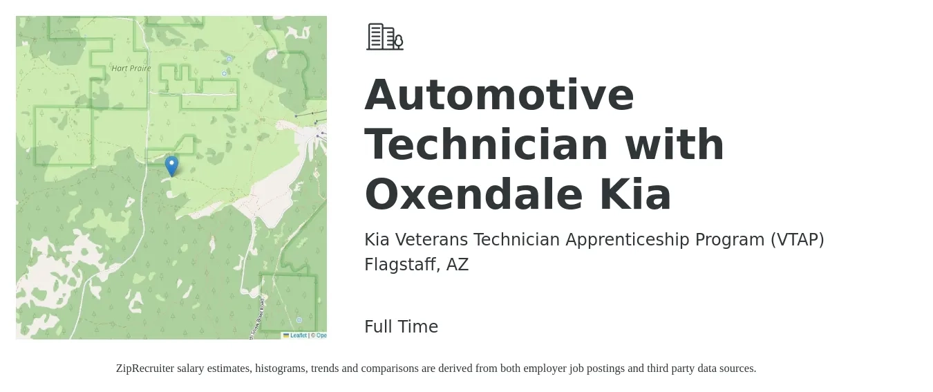Kia Veterans Technician Apprenticeship Program (VTAP) job posting for a Automotive Technician with Oxendale Kia in Flagstaff, AZ with a salary of $22 to $35 Hourly with a map of Flagstaff location.