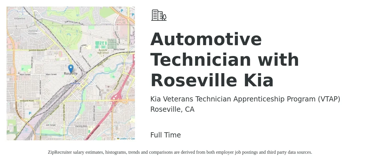 Kia Veterans Technician Apprenticeship Program (VTAP) job posting for a Automotive Technician with Roseville Kia in Roseville, CA with a salary of $23 to $36 Hourly with a map of Roseville location.