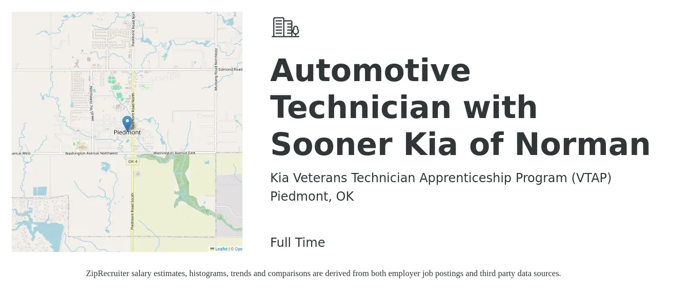 Kia Veterans Technician Apprenticeship Program (VTAP) job posting for a Automotive Technician with Sooner Kia of Norman in Piedmont, OK with a salary of $20 to $31 Hourly with a map of Piedmont location.