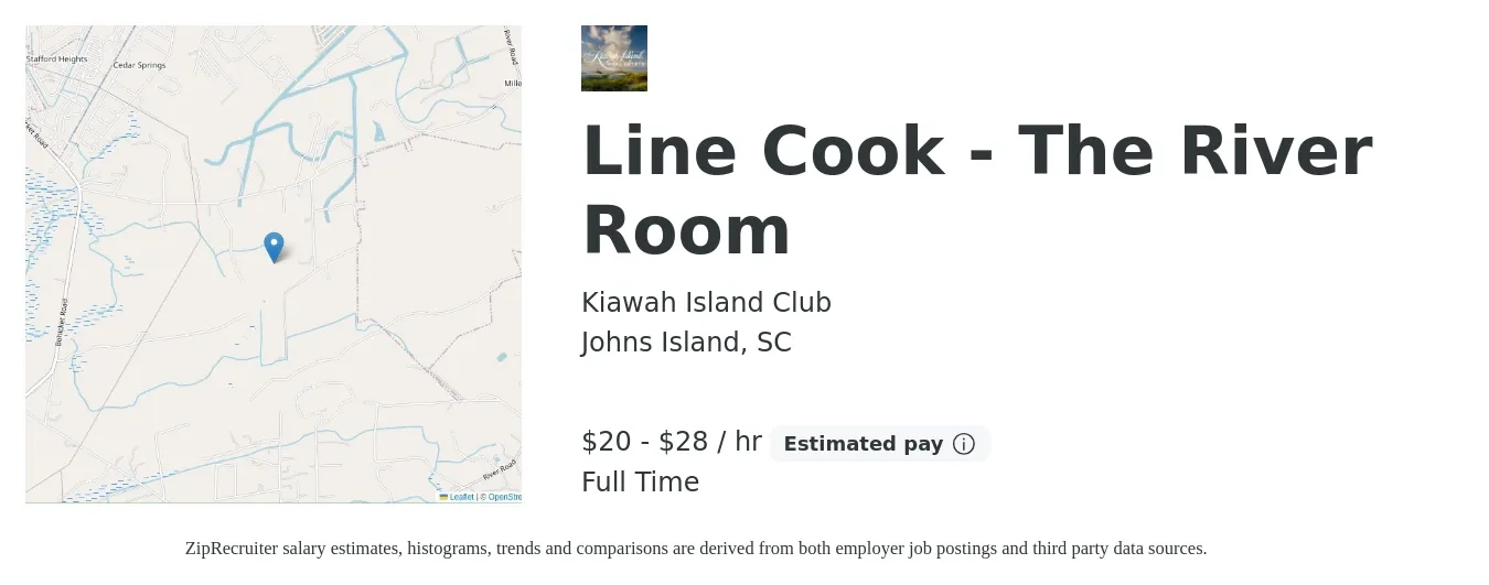 Kiawah Island Club job posting for a Line Cook - The River Room in Johns Island, SC with a salary of $21 to $30 Hourly with a map of Johns Island location.