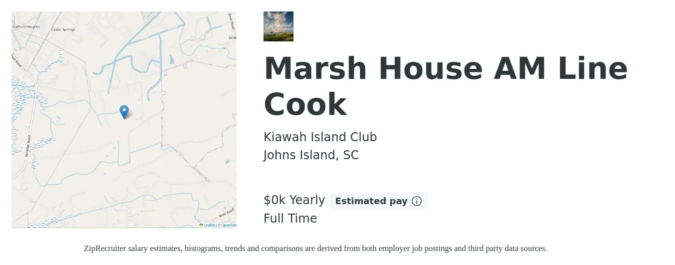 Kiawah Island Club job posting for a Marsh House AM Line Cook in Johns Island, SC with a salary of $21 to $24 Yearly with a map of Johns Island location.