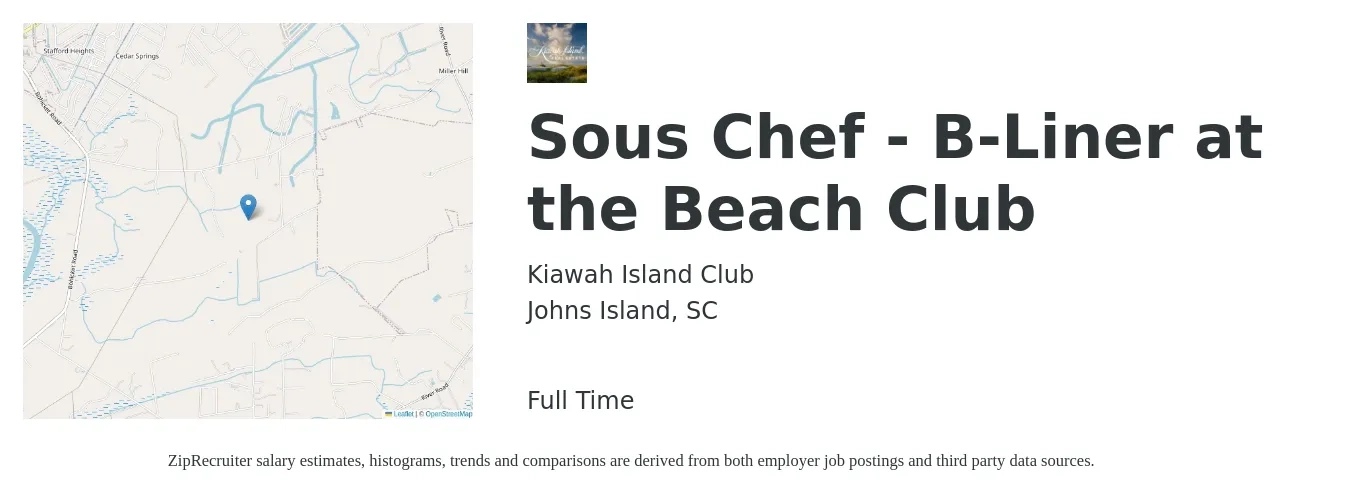 Kiawah Island Club job posting for a Sous Chef - B-Liner at the Beach Club in Johns Island, SC with a salary of $48,000 to $64,900 Yearly with a map of Johns Island location.