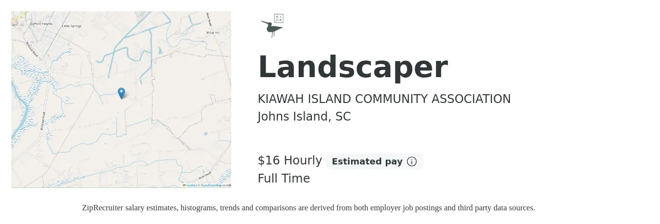 KIAWAH ISLAND COMMUNITY ASSOCIATION job posting for a Landscaper in Johns Island, SC with a salary of $17 Hourly with a map of Johns Island location.