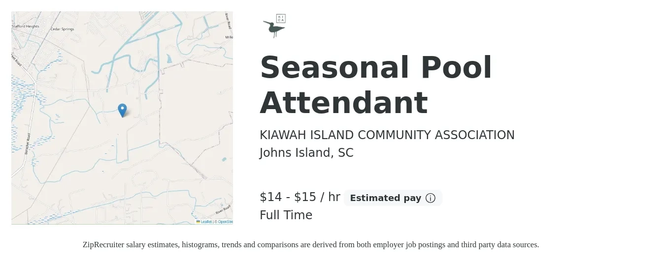 KIAWAH ISLAND COMMUNITY ASSOCIATION job posting for a Seasonal Pool Attendant in Johns Island, SC with a salary of $15 to $16 Hourly with a map of Johns Island location.