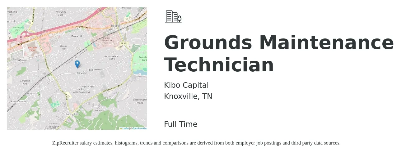 Kibo Capital job posting for a Grounds Maintenance Technician in Knoxville, TN with a salary of $12 to $16 Hourly with a map of Knoxville location.