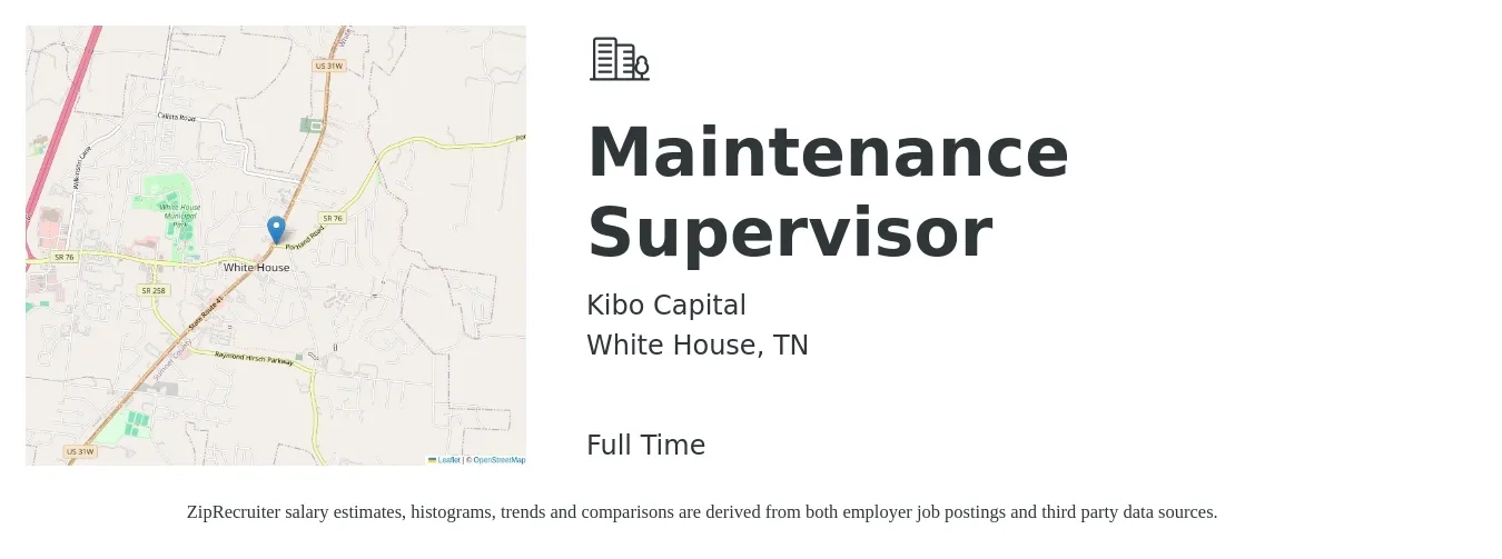 Kibo Capital job posting for a Maintenance Supervisor in White House, TN with a salary of $23 to $38 Hourly with a map of White House location.