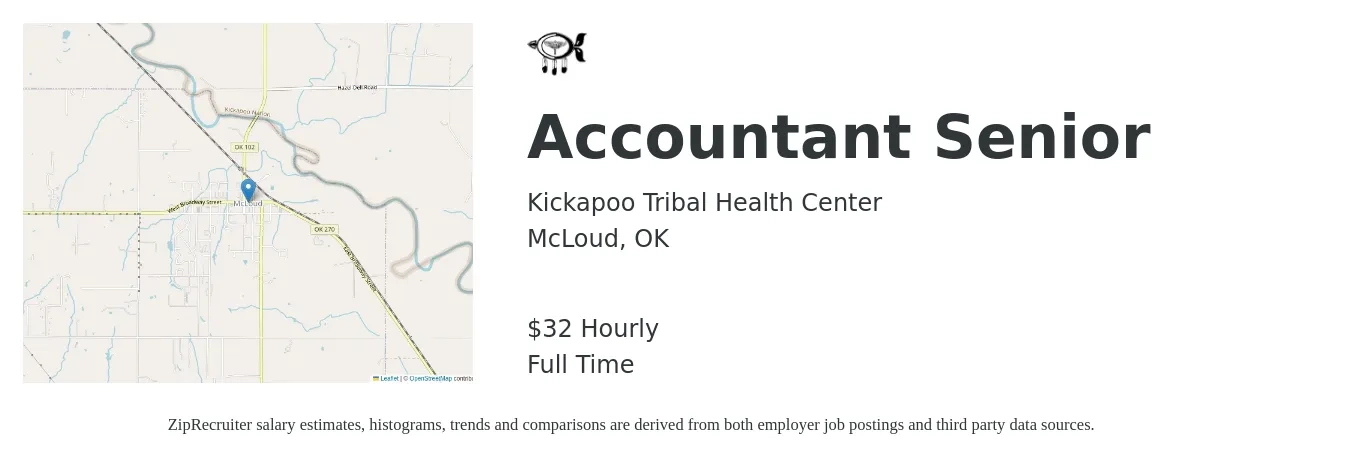 Kickapoo Tribal Health Center job posting for a Accountant Senior in McLoud, OK with a salary of $34 Hourly with a map of McLoud location.