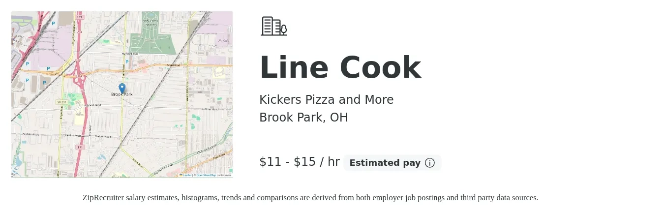 Kickers Pizza and More job posting for a Line Cook in Brook Park, OH with a salary of $12 to $16 Hourly with a map of Brook Park location.