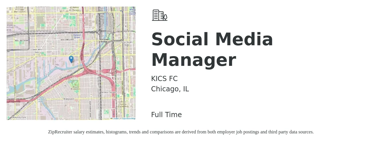 KICS FC job posting for a Social Media Manager in Chicago, IL with a salary of $32,500 to $40,000 Yearly with a map of Chicago location.