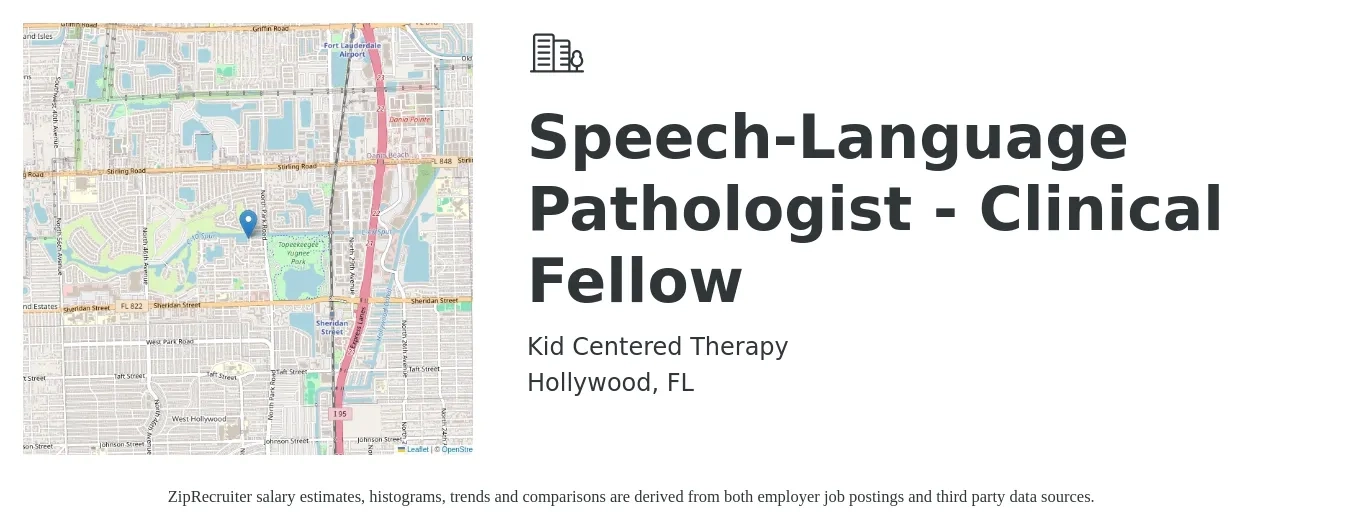 Kid Centered Therapy job posting for a Speech-Language Pathologist - Clinical Fellow in Hollywood, FL with a salary of $34 to $49 Hourly with a map of Hollywood location.
