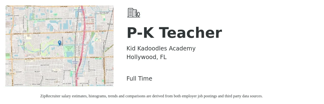 Kid Kadoodles Academy job posting for a P-K Teacher in Hollywood, FL with a salary of $30,600 to $52,100 Yearly with a map of Hollywood location.
