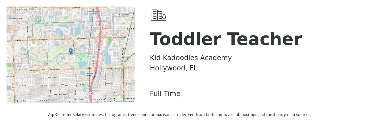 Kid Kadoodles Academy job posting for a Toddler Teacher in Hollywood, FL with a salary of $13 to $16 Hourly with a map of Hollywood location.