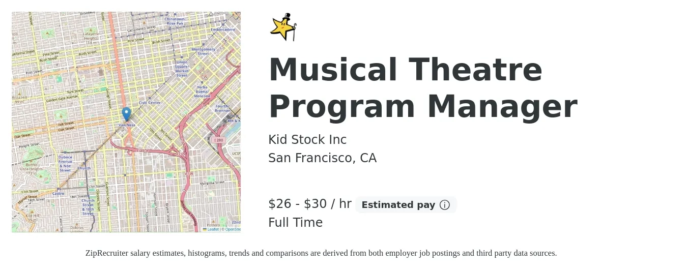 Kid Stock Inc job posting for a Musical Theatre Program Manager in San Francisco, CA with a salary of $28 to $32 Hourly with a map of San Francisco location.