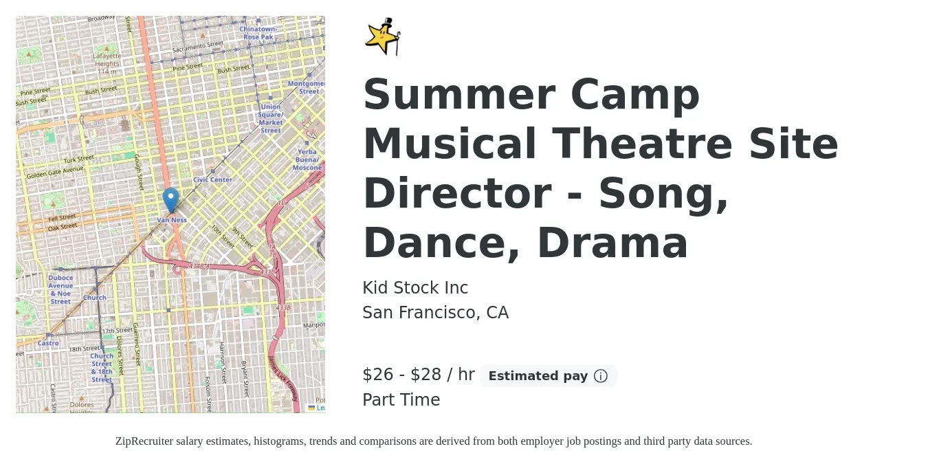 Kid Stock Inc job posting for a Summer Camp Musical Theatre Site Director - Song, Dance, Drama in San Francisco, CA with a salary of $28 to $30 Hourly with a map of San Francisco location.