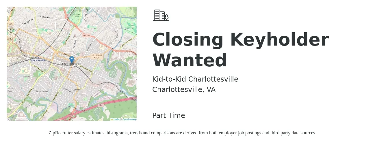 Kid-to-Kid Charlottesville job posting for a Closing Keyholder Wanted in Charlottesville, VA with a salary of $12 to $16 Hourly with a map of Charlottesville location.