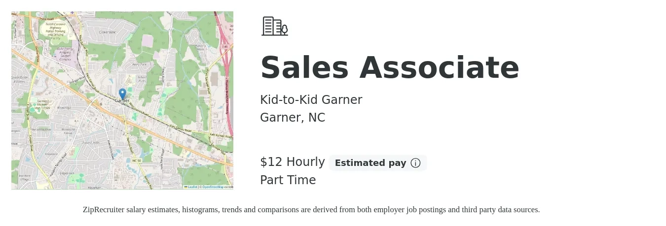 Kid-to-Kid Garner job posting for a Sales Associate in Garner, NC with a salary of $13 to $15 Hourly with a map of Garner location.