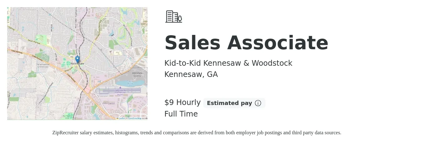 Kid-to-Kid Kennesaw & Woodstock job posting for a Sales Associate in Kennesaw, GA with a salary of $10 Hourly with a map of Kennesaw location.