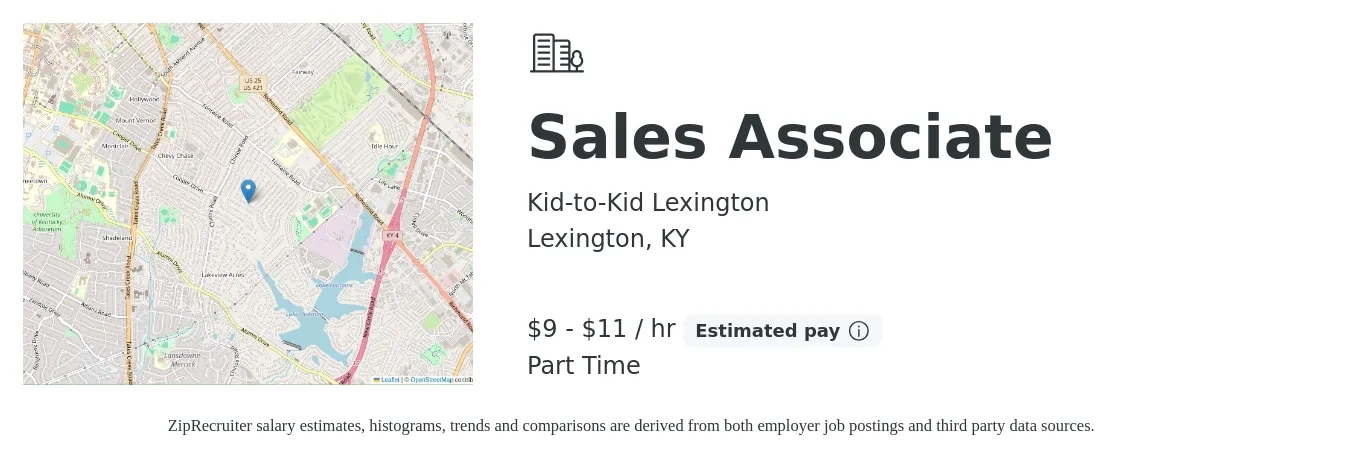 Kid-to-Kid Lexington job posting for a Sales Associate in Lexington, KY with a salary of $10 Hourly with a map of Lexington location.