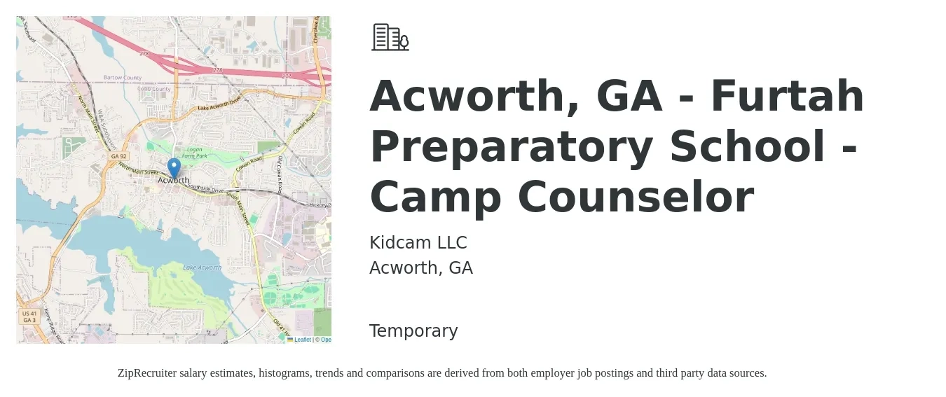 Kidcam LLC job posting for a Acworth, GA - Furtah Preparatory School - Camp Counselor in Acworth, GA with a salary of $12 to $16 Hourly with a map of Acworth location.