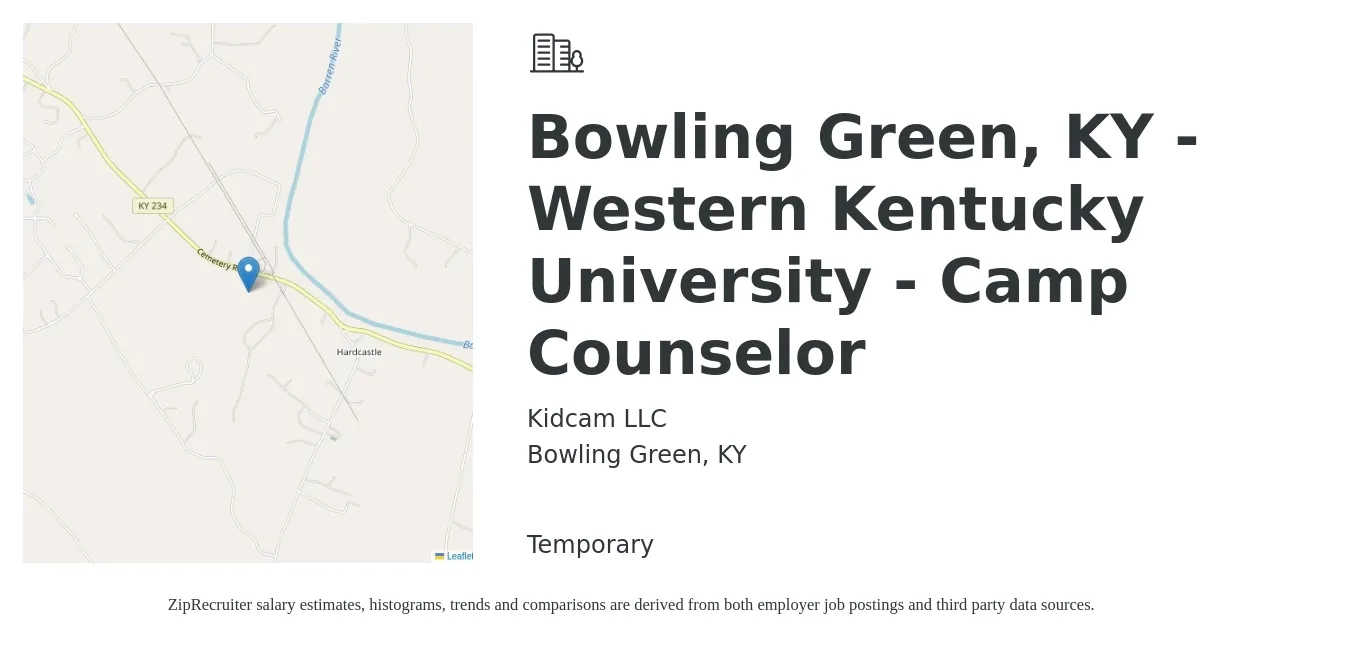 Kidcam LLC job posting for a Bowling Green, KY - Western Kentucky University - Camp Counselor in Bowling Green, KY with a salary of $12 to $17 Hourly with a map of Bowling Green location.